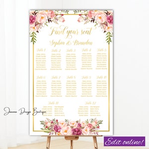 Plan de table rose poudré imprimable Plan de table mariage floral rose poudré Planche de salle mariage rose poudré Plan de salle mariage or rose poudré Places assises dorées, 31 g