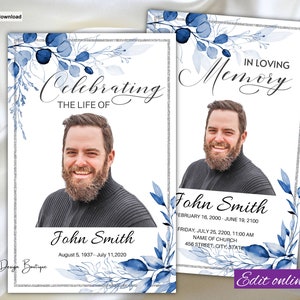 Blue Silver Funeral Program Template Blue Funeral Program for Man Men Blue Memorial Service Program Printable Obituary Program Memorial,161f