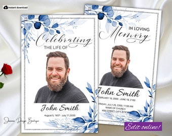 Blue Silver Funeral Program Template Blue Funeral Program for Man Men Blue Memorial Service Program Printable Obituary Program Memorial,161f