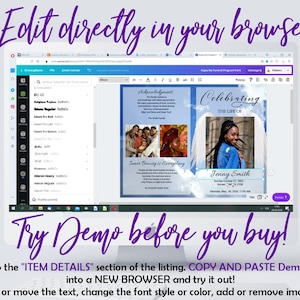 May include: A computer screen displaying a funeral program template with a photo of a young woman. The program is customizable and can be edited directly in a web browser. The text on the screen reads "Celebrating the Life of Jenny Smith".