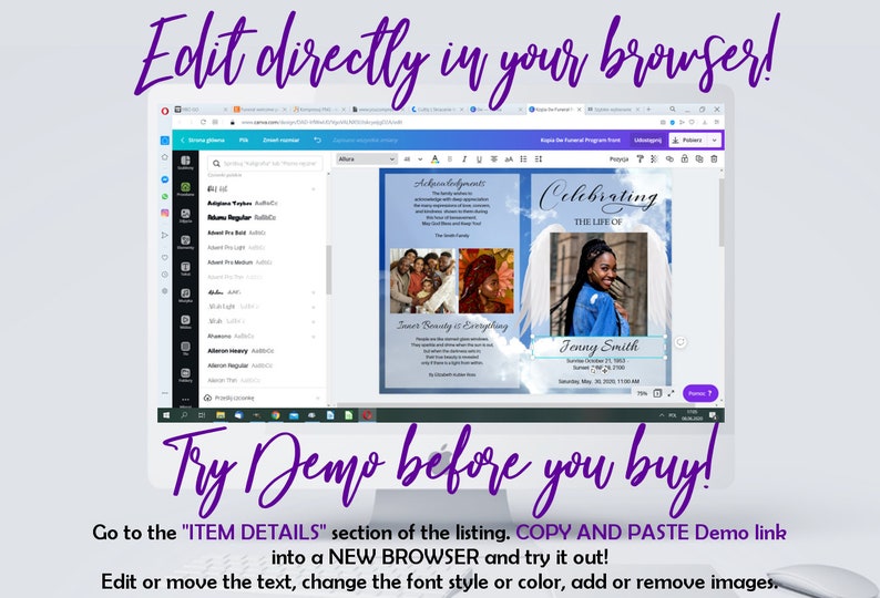 May include: A computer screen displaying a funeral program template with a photo of a young woman. The program is customizable and can be edited directly in a web browser. The text on the screen reads "Celebrating the Life of Jenny Smith".