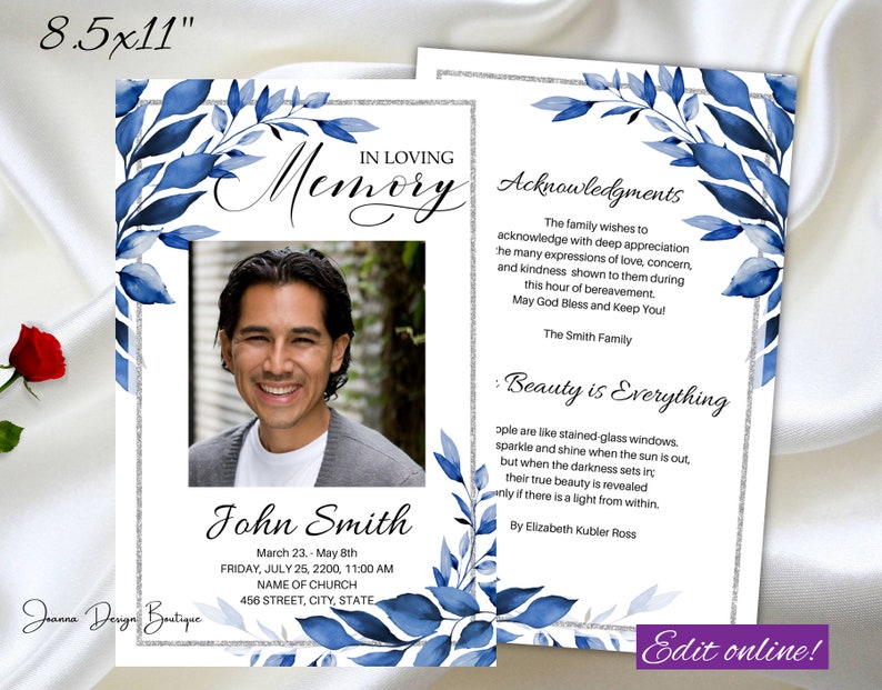 May include: A blue and silver memorial card with a photo of a man. The card has a floral design and the text "In Loving Memory" and "John Smith". The text also includes the date and time of the memorial service.