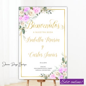 Pastel Roses Wedding Welcome Sign in Spanish Bienvenidos A Nuestra Boda Purple Pink White Cream Ivory Flowers Greenery Wedding Welcome,180o