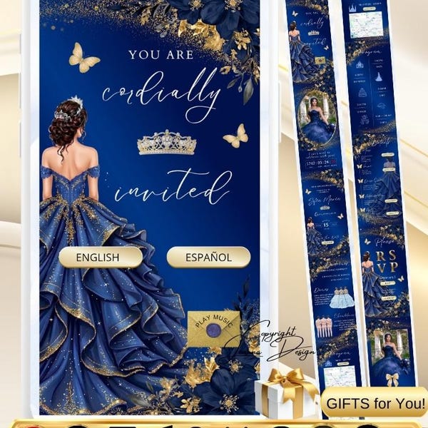Marineblauw koningsblauw quinceañera uitnodiging digitale video tweetalig blauw goud bloemen mis 15 kweepeer uitnodigen website geboorte geanimeerde foto RSVP,036q