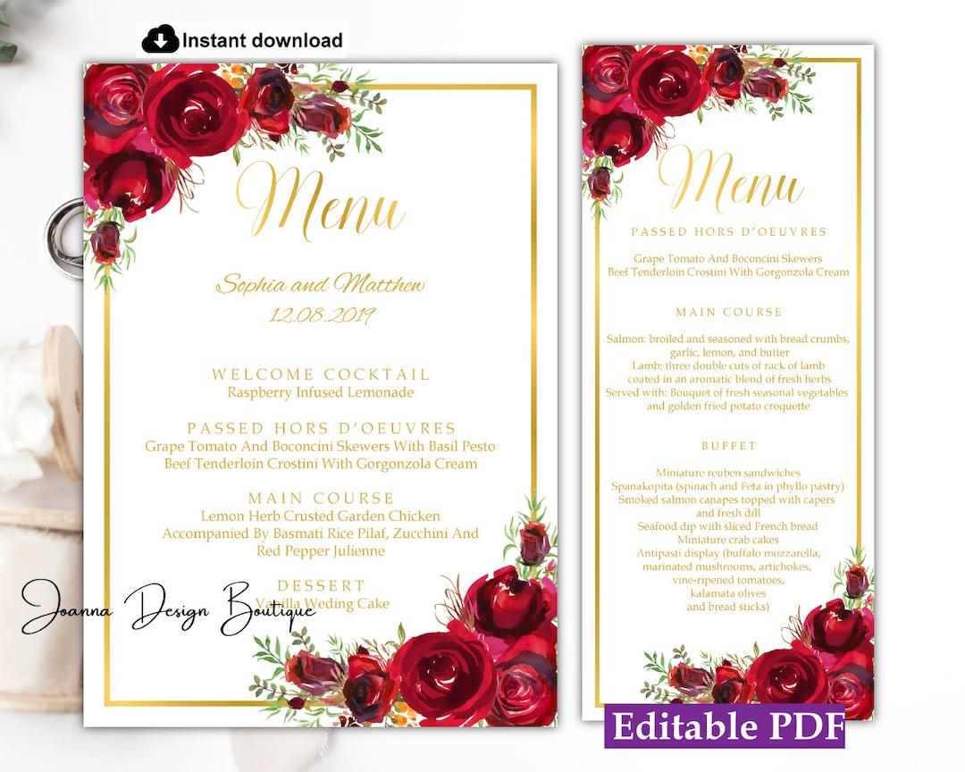 Red Roses Menu Cards Template Red Flowers Menu Card Floral Red Menu ...