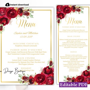Plantilla de tarjetas de menú de rosas rojas tarjeta de menú de flores rojas tarjeta de menú roja floral plantilla de menú de boda de rosas rojas menús de menú de boda de flores rojas,16