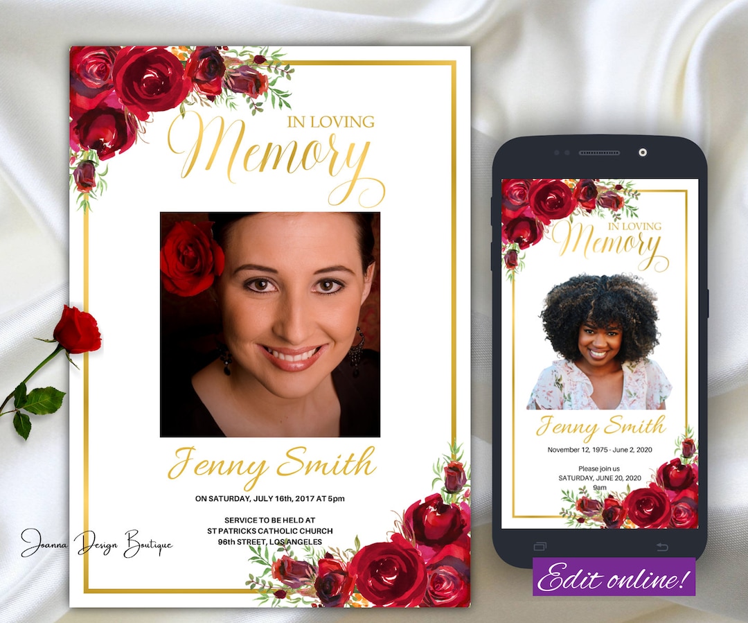 Electronic Funeral Announcement Invitation Red Roses Memorial Service