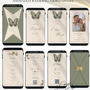 Puede incluir: Ocho pantallas de teléfono móvil que muestran una plantilla de invitación de boda en vídeo animada con una paleta de colores verde salvia y crema, con ilustraciones de mariposas, tipografía elegante, un espacio para fotos y un código QR.
