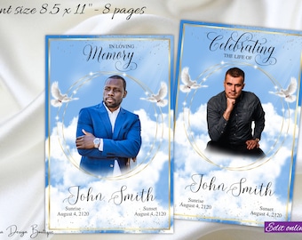 Blue Sky Dove Obituary Funeral Program 8 pages Blue Dove Gold Heaven Funeral Program Celebration of Life Order of Service Male 8.5x11,0-108f