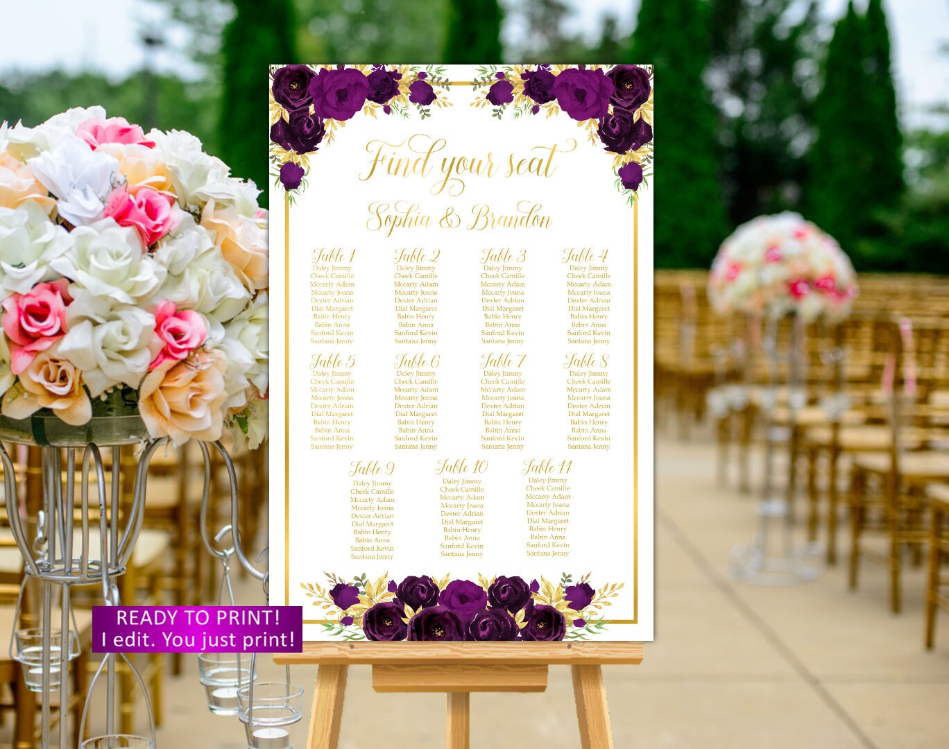 Eggplant Wedding Seating Chart Printable Gold Seating Chart Etsy
