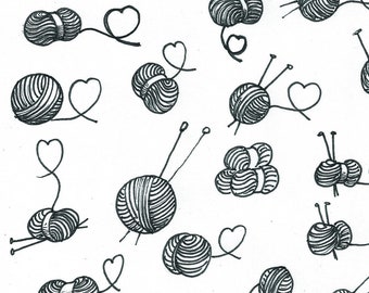 May include: A black and white illustration of yarn, knitting needles, and various knitted items, including socks, scarves, and hats. The illustration includes the text "Vivi's Knits".