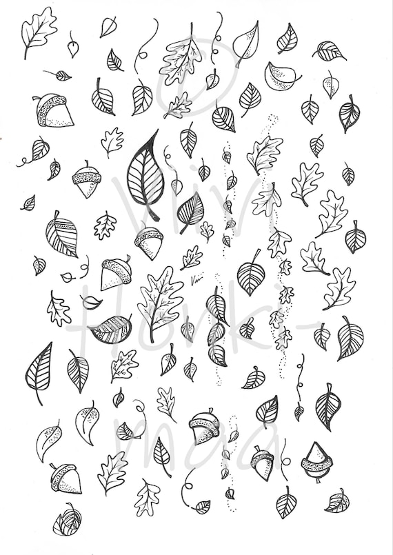 autumn leaves and acorns black and white printable stickers etsy