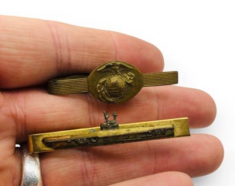 Vintage World War II US Marines Tie Clip and US Navy Destroyer Ship Tie Bar Set
