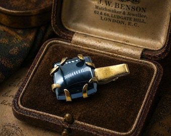 Vintage Art Deco Gold Tone Hematite Tie Clip Square Stone Prong Set Tie Bar