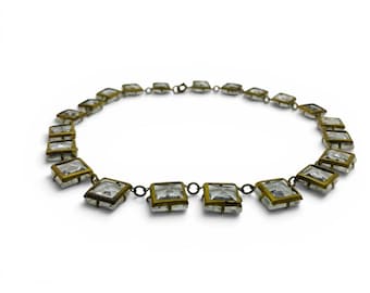 Vintage Style Square Cut Crystal Collar Necklace Brass Tone Art Deco Statement
