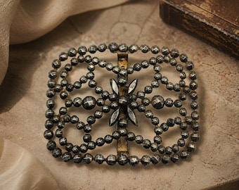 Antique Cut Steel Belt Buckle Made in France Victorian Floral Openwork Design