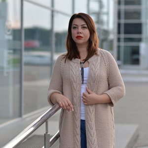 Chunky hand-knitted women&#39;s cardigan, Hand knitted coat, Bulky knit cardigan, Aran style cable knit jacket, Made-to-order knitwear