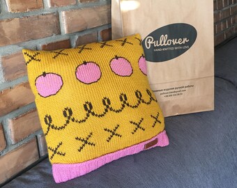 knit pillow,  yellow sweater pattern, Handknit decorative pillow, Funny gift, Knit cushion, Home decor