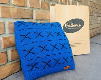 Blue Sweater Knit Pillow, Knit cushion, Home decor