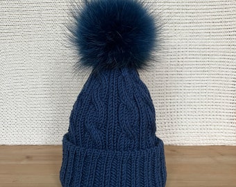 Warm winter beanie hat with yarn pom pom, dark blue beanie hat for adults and kids, hand-knitted chunky pom pom beanie, removable pom pom
