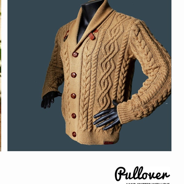 Pull cardigan irlandais tricoté à la main en laine mérinos de style Aran, Réplique du cardigan irlandais que Tom Selleck porte dans « Blue Blood », Réplique en tricot personnalisée