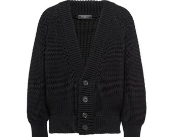 Men's black ribbed knit cardigan sweater, merino wool, black, custom knit, tailor-made, office style, casual style
