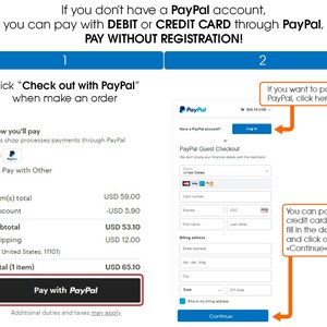 Może przedstawiać: Zrzut ekranu przedstawiający opcje płatności przez PayPal. Tekst wyjaśnia, jak płacić kartą debetową lub kredytową bez konta PayPal. Instrukcje obejmują kliknięcie "Check out with PayPal" i wypełnienie danych karty.