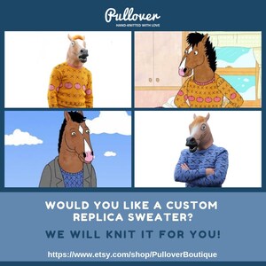 May include: A collage of images featuring a horse-headed figure wearing custom replica sweaters. The sweaters are in various colors, including yellow and blue, with a pattern of pink apples. The text reads, "WOULD YOU LIKE A CUSTOM REPLICA SWEATER? WE WILL KNIT IT FOR YOU!"