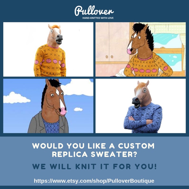 May include: A collage of images featuring a horse-headed figure wearing custom replica sweaters. The sweaters are in various colors, including yellow and blue, with a pattern of pink apples. The text reads, "WOULD YOU LIKE A CUSTOM REPLICA SWEATER? WE WILL KNIT IT FOR YOU!"