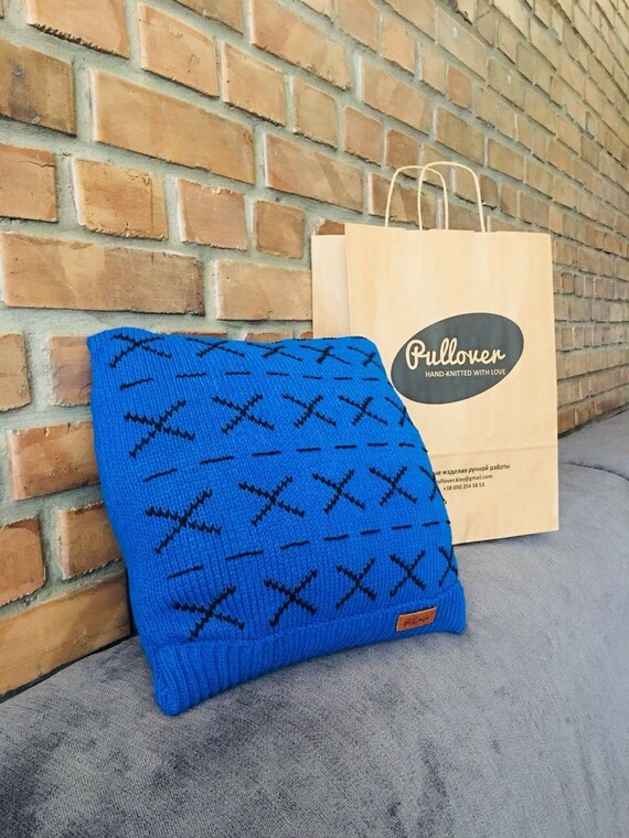 Blue Sweater Knit Pillow, Knit cushion, Home decor