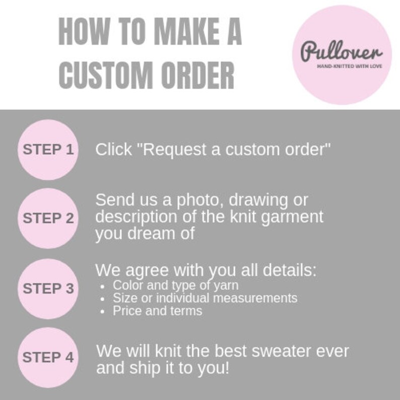 May include: A gray graphic with instructions on how to make a custom order. The steps include requesting a custom order, sending a photo or description, agreeing on details, and receiving a hand-knitted sweater. A pink circle logo says "Pullover, hand-knitted with love."