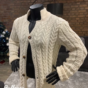 Aran style merino wool hand-knitted Irish cardigan sweater