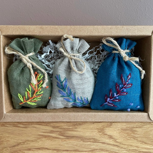 Handmade set of 3 linen herb sachet bag lavender, mint, melissa with herb embroidery. Gift idea. Aroma bag, herbal bag, natural linen bag.