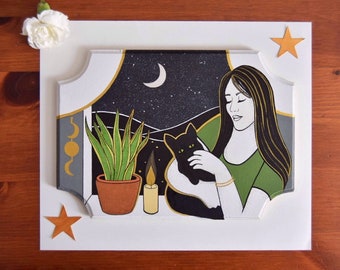 Woman and Cat Art | Cat Art | Black Cat Gift | Feline Companion Illustration | Cat Lover Gift | Cat Owner Artwork | Spiritual Cat Familiar