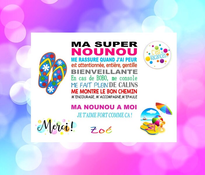 Carte Nounou Bonnes Vacances Fin D Annee Cadeau Merci Etsy