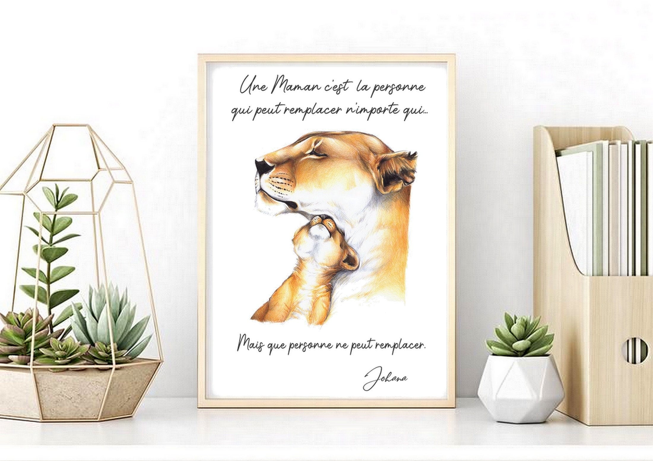 Affiche Maman Lionne Lion Lionceau Cadeau Anniversaire Fete Meres Mere Noel Cadre Carte Dessin Peint
