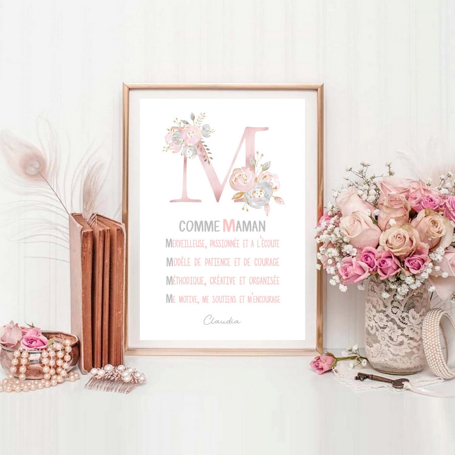 M Comme Maman Affiche Cadeau Fête Des Mères Anniversaire Mariage Style Aquarelle Vintage Or Rose Pin