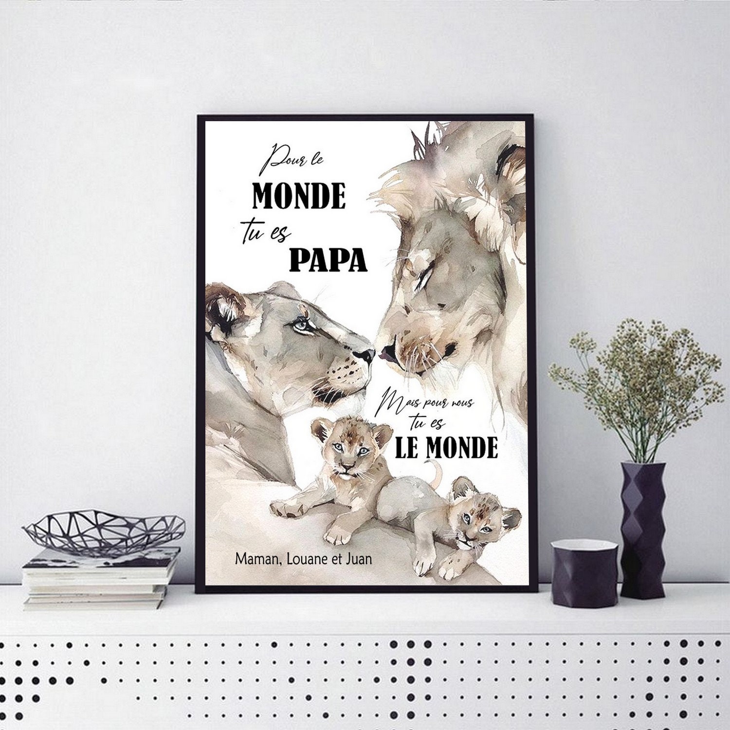 Affiche Papa Lion 2 Lionceaux Cadre Photo Fete Pere Mere Cadeau Anniversaire Mariage Bapteme Roi Enf