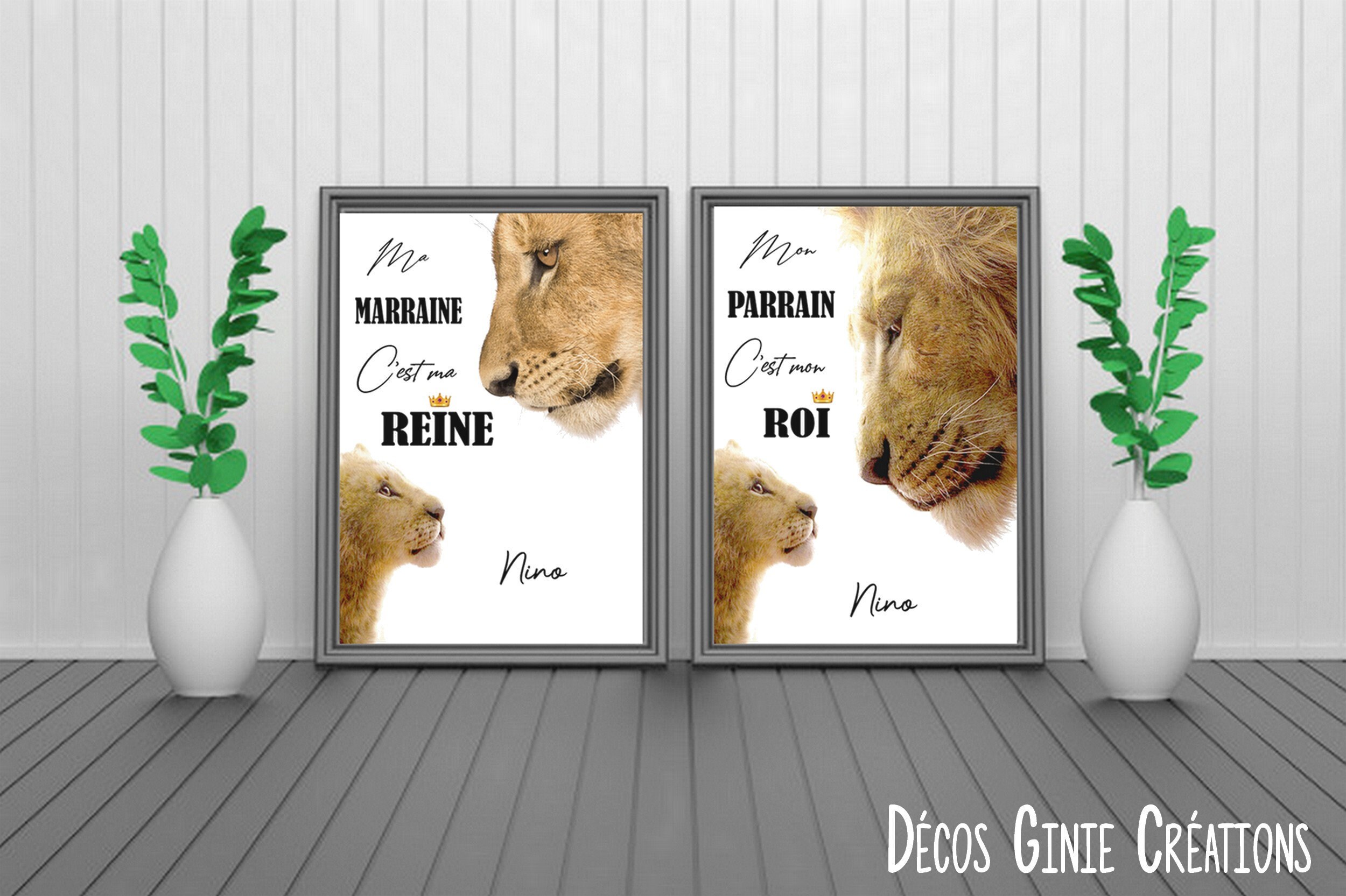Lot de 2 Affiches Parrain Marraine Roi Reine Lion Lionne Cadeau Bapteme Anniversaire Mariage Fete No