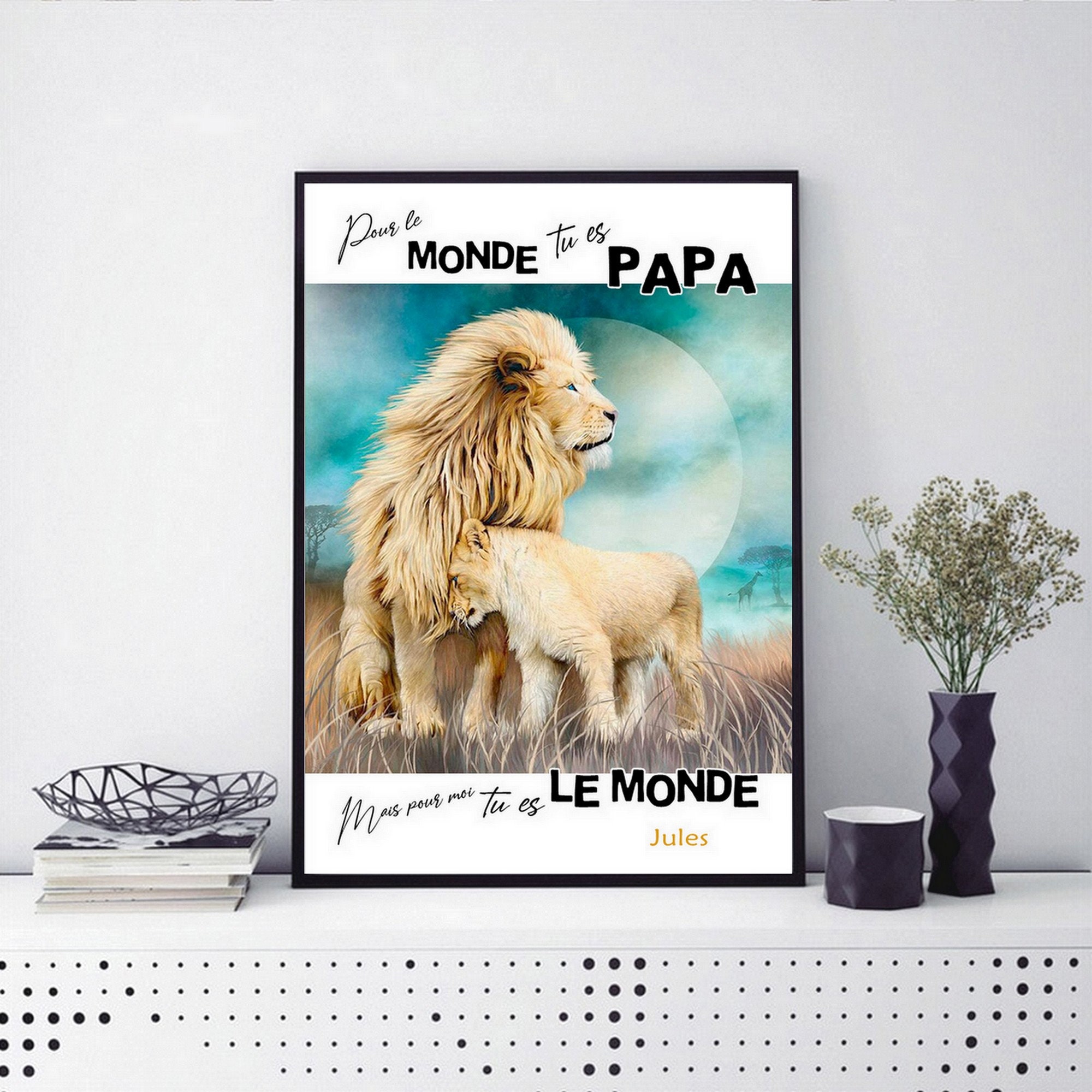 Affiche Papa Lion Lionceau Cadre Photo Fete Pere Mere Cadeau Anniversaire Mariage Bapteme Roi Enfant