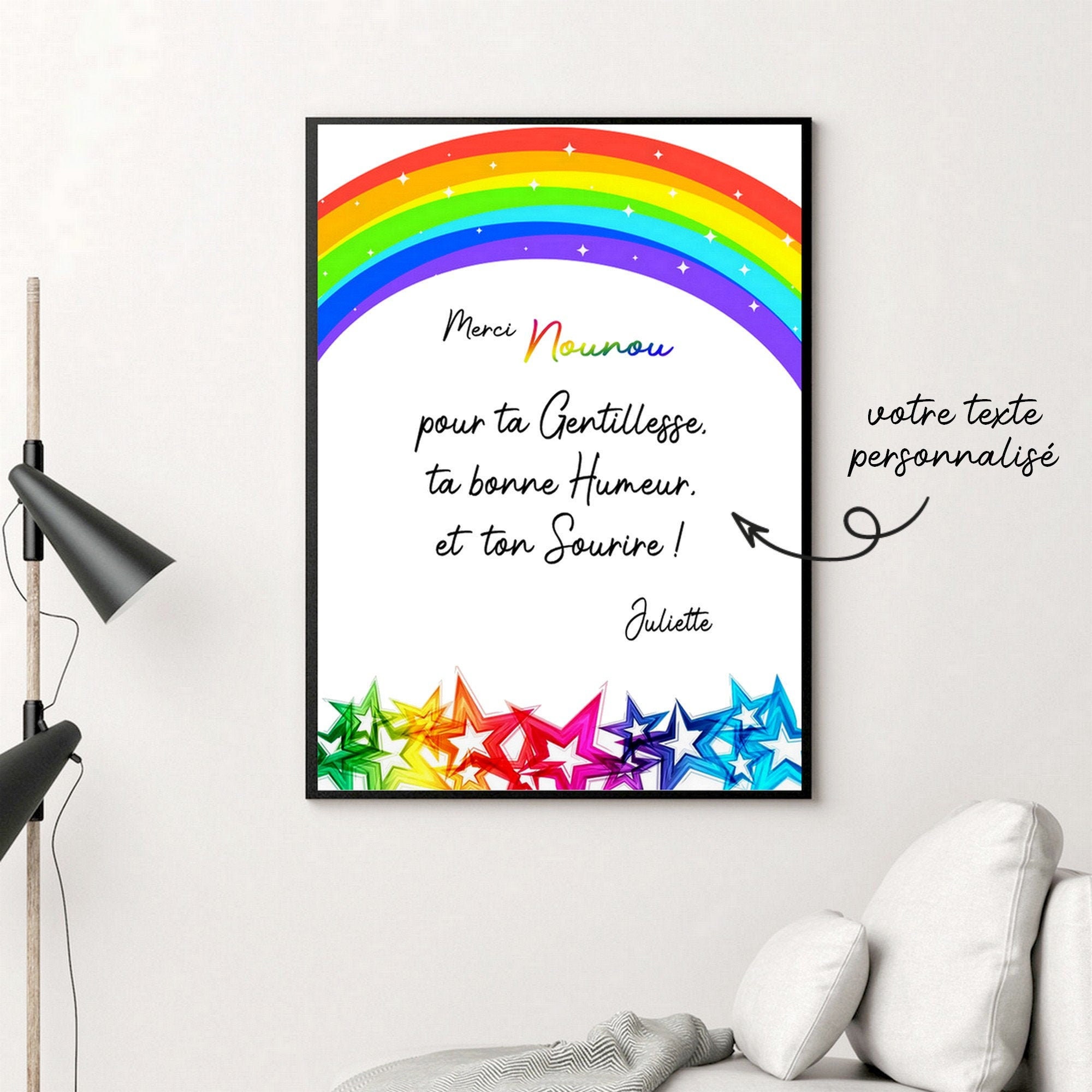 Affiche Arc en Ciel Nounou Crêche Merci Remerciement Cadeau Vacances Cadre Photo Deco Decoration Mur