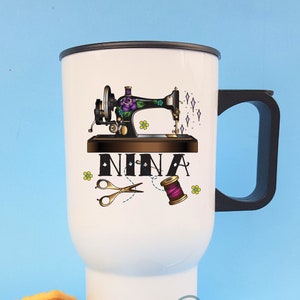 sewing themed gift - sewing mug - metal travel mug - your name - coffee mug - coffee cup - to-go cup - sewing gift - crafting gift