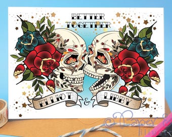Rockabilly Skull Wedding Card, Alternative Couple Engagement