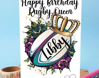 Personalised Happy Birthday rugby card for female