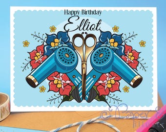 Hairdresser special birthday card with hairdryer design for stylist