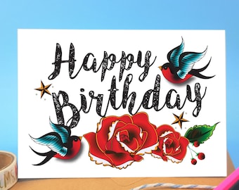 Handmade Happy Birthday Card Vintage Blue Swallow /& Roses Tattoo Design