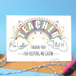 cartão de agradecimento personalizado para professor com design de arco-íris para o final do ano letivo, presente para um assistente de ensino especial