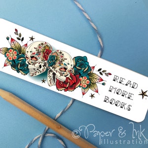 skull print bookmark gift idea for friend who likes tattoos and traditional tattoo flash birthday present for her