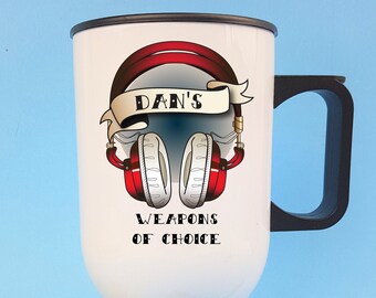 personalised d.j gift reusable travel coffee cup with headphones music student present