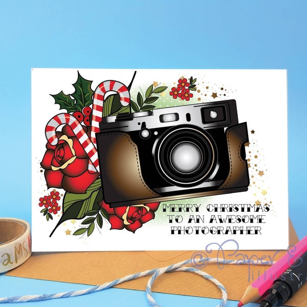 personalised christmas card, photographer Christmas card, camera card, camera drawing, camera print card, photography gift